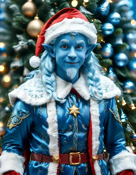 (((blue Epoch Elves as a Christmas Santa in Santa Claus attire, blue skin color, blue icy Christmas tree in background))), ((blue_big_happy_glowing_eyes:0.8)), 8k, photorealism, detailed, kodak portra 400 film, solo, intricate, highly detailed, smooth, sharp focus, epic scale, Epic, stunning, sharp focus, soft lighting, 8k, ((half body shot:1.1)) <lora:xl_more_art-full_v1:1.3><lora:add-detail-xl:-1.2>