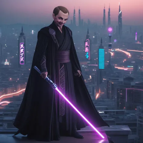 cyberpunk style, Mr Bean, realistic photo of Sith lord wearing robes and holding a long light saber, ((looking at camera, looking at viewer:1.5)), highly detailed, (from distance, medium shot), standing on a roof, futuristic city in the background, neon lights, intricate details, masterpiece, best quality, 4k