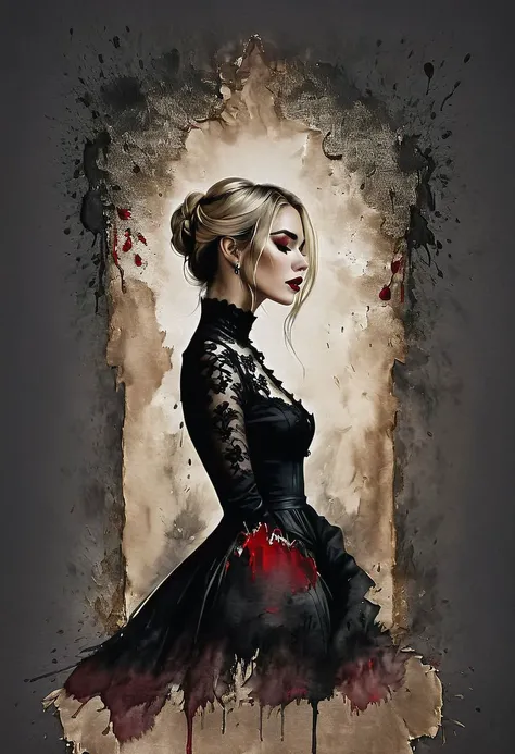 RAW profile photo, close-up, dark atmosphere, masterpiece, cinematic film still of a blonde beautiful woman, detailed eyes,eyeliner, darkred lipstick, black lace turtleneck dress, tack sharp focus on eyes, Sensual, lustful, seductive, intricate, ultra detailed, 8k, <lora:MS_DitavT_V1_32:0.6>