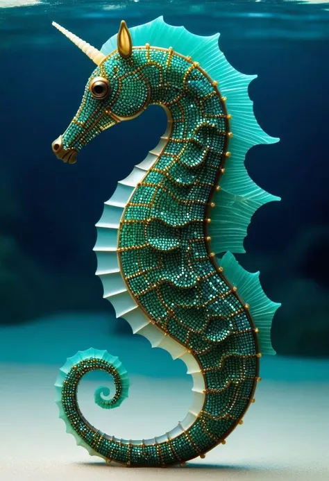 circuit board,carved to resemble the shape of a seahorse, with every detail meticulously crafted to capture the delicate features of the creature. Its body curves gracefully, adorned with tiny scales and delicate fins that seem to ripple in an invisible current. The eyes are inset with precious stones, shimmering with an ethereal glow,shards,underwater,BugCraft,under the water,under water