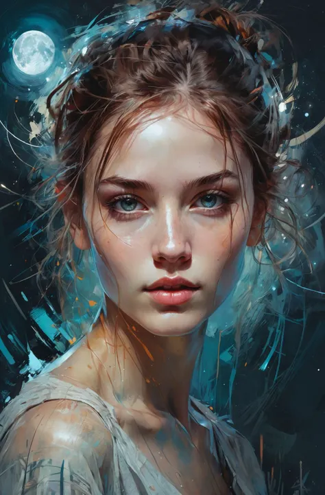 abstract beauty, centered, looking at the camera, approaching perfection, dynamic, moonlight, highly detailed, digital painting, artstation, concept art, smooth, sharp focus, illustration, art by Carne Griffiths and Wadim Kashin