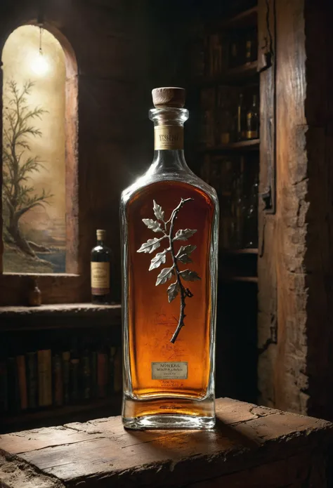 realistic photo of a (ancient bottle:1.1), oak wood shelves, redwood, vivacious, bold lines, hyper detailed, award winning, high contrast, depth of field, (intricate details, masterpiece, best quality), dramatic cinematic lighting, whiskey bottle, cosmic energy label, imperial hue, laurel leaves, roman style <lora:add-detail-xl:0.7> <lora:xl_more_art-full_v1:0.7> <lora:Desolation:0.5>
