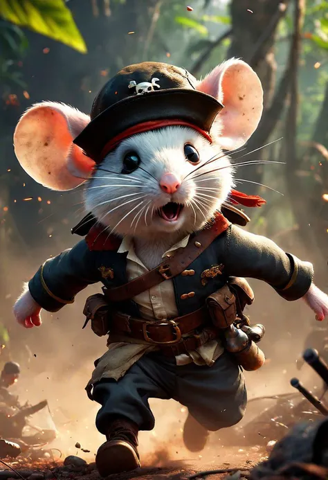 adorable fluffy mouse pirate eyepatch, Scene from Rambo movie, mouse with The granade in the jungle, explosion, action scene, war chronicles, award winning masterpiece 8k artstation