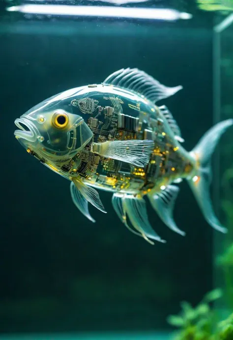 Seven transparent fish made out of circuitboard, in a tank, side view, looks beautiful and aesthetic, an android robot feeding them, soothing, real picture