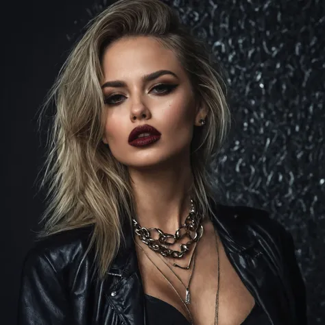 ((side-profile:1.5)), raw photo portrait, photorealistic, glamour photography of a stylish russian woman, edgy vibe, dark, dark cheeks, expressive lips, long blonde hair, alluring necklace, stylish sexy streetwear, alluring thighs, Smoky eye makeup, Defined jawline, skin pores, shiny skin, grainy, harsh flash lighting, realistic skin texture, highly detailed photography, 3d, vibrant, insanely detailed, hyperdetailed, expressive provocative face expression, detailed alluring background