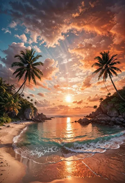 ((sea bay)), beach, palm tree, sunset, orange sky, cloud, (masterpiece),((ultra-detailed)), (highly detailed CG illustration),(expressionless), (best quality:1.2), High quality texture, intricate details, detailed texture, High quality shadow, Cinematic Light, Depth of field, light source contrast, perspective,20s, (ulzzang-6500-v1.1:0.5), <lora:epi_noiseoffset2:1>, <lora:add_detail:0.8>,