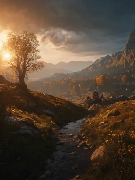 magic landscape,elden ring, dark arts, the witcher,realistic photo,breath taking, sharp lense, professional photographie, 70mm lense, detail love, good quality, unreal engine 5, wallpaper, colerful, highly detailed, 8k, soft light, photo realistic