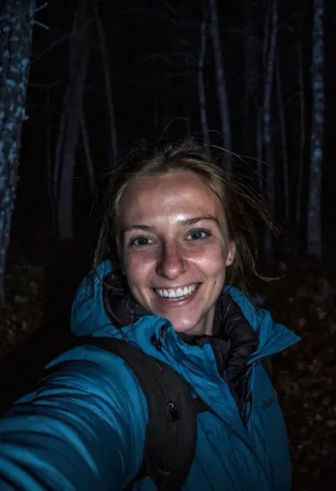 girl at night in the wood, selfie, dressed for trekking, winter, laughing, at night, very dark, infrared photography, without flash, grainy, ((motion blur)), blurry, walking