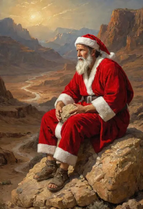 Jesus Sitting on a rock wearing a santa hat, desert, (sad, suffering:1.3), robe,
(masterpiece, best quality, intricate details:1.4)