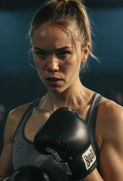 photograph close up portrait of Female boxer training, serious, stoic cinematic 4k epic detailed 4k epic detailed photograph shot on kodak detailed bokeh cinematic hbo dark moody