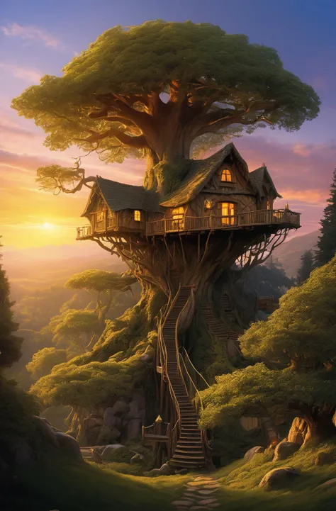 valley, fairytale treehouse village covered, , matte painting, highly detailed, dynamic lighting, cinematic, realism, realistic, photo real, sunset, detailed, high contrast, denoised, centered, michael whelan