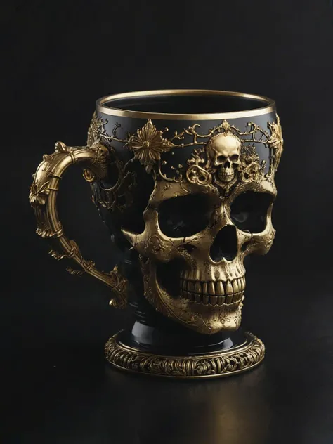 Imagine a skull-shaped cup adorned with intricate golden embellishments, Crafted from gleaming gold, ornate engravings cover its surface, <lora:Desolation:0.6>