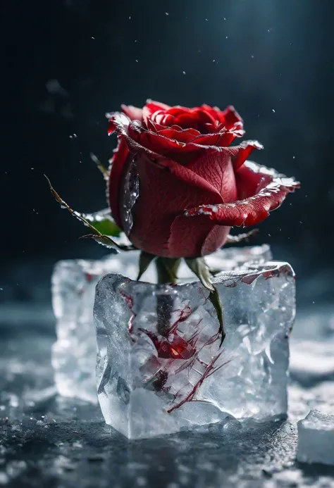 close-up photo of a beautiful red rose breaking through a cube made of ice , splintered cracked ice surface, frosted colors, blood dripping from rose, melting ice, Valentine s Day vibes, cinematic, sharp focus, intricate, cinematic, dramatic light