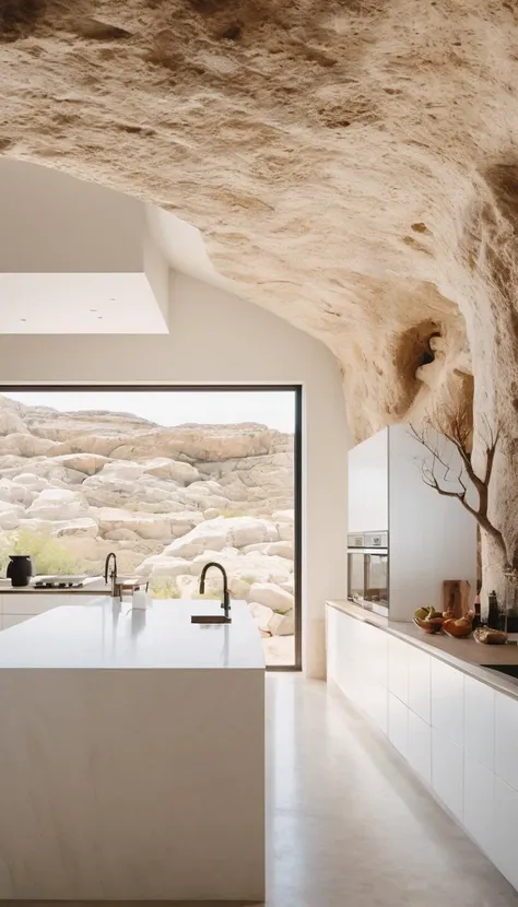award winning interior photo, photograph, ultra photorealistic, photorealism, film still of inside a modern white spacious (kitchen in a smooth stone cave:1.25), smooth shading, desert, daylight, bright colors, hyper realistic, modern, surreal, lights, minimalistic studio architecture, behance, halation, bloom, dramatic atmosphere, rule of thirds, 8k uhd, dslr, high quality, film grain, Fuji Superia X-TRA 400