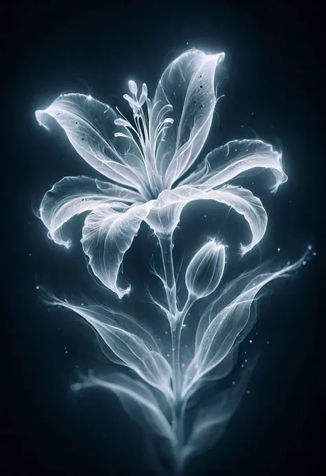 ais-ghostly single lily in the style of an X-ray, on a dark bokeh background