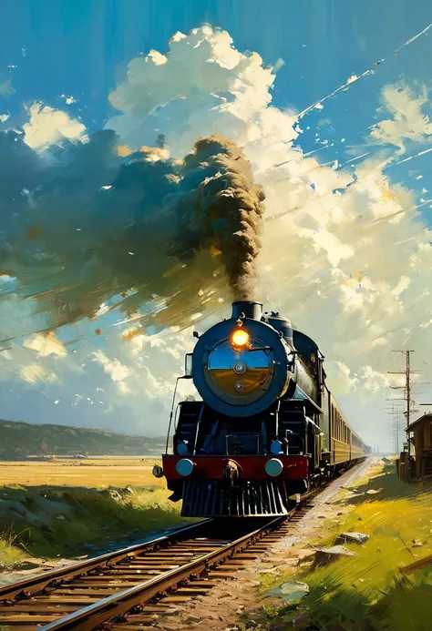 ((masterpiece, best quality, high quality, highres, ultra-detailed)), ,a moving train <lora:soldart:0.6> <lora:AngelicAI:0.1> <lora:add_detail:1>,, against the background of the a moving train, blue sky, sunny day, epic clouds, (oil painting:0.1), (best quality, 8K, high resolution, extreme detail, outstanding composition:1.4), art by Jeremy Mann, god rays, dramatic light, (oxygen-rich air and sheltered atmosphere, , aesthetic of hard - edge painting:0.1),