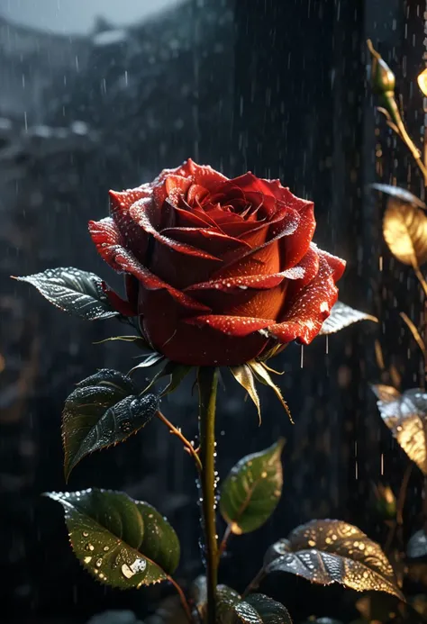 ASCII  Masterpiece, (cosy), (ultra high res, mj,best quality,highly detailed:1.5),(cinematic),(volumetric lighting, volumetric shadows:1.5),Amazing, (8k details),(photorealistic:1.4), (warm lighting,ray tracing,dynamic lighting:1.5),
a black rose up close illuminated by divine grace radiated with ancestral light on a rainy day