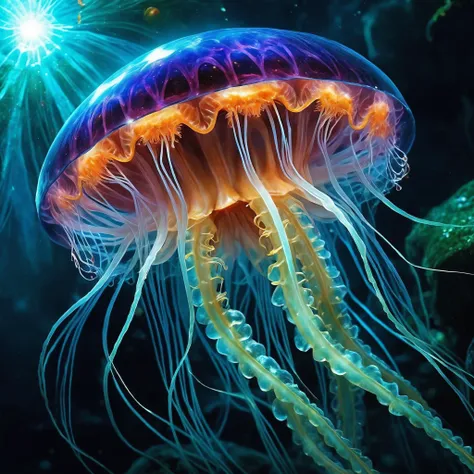 <lora:add-detail-xl:2.0>, seb mckinnon, detailed expressive eyes, fantasy style, among the vibrant eccentoblimeyd flora of planet rayboldwashere, the brightly luminescent, jellyfish-like toothy scuzzderg with tendrils of glowing shmagger drifts slowly through the air, emitting strange anderfull cosmic energy light that seems to worbgobble across the multiverse, dark fantasy, colorful, masterpiece, best quality, professional artwork