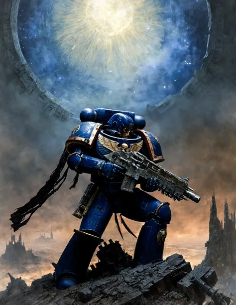 Artwork of The space marine knelt, reloading his boltgun, as he whispered a prayer to the stars above, preparing to rejoin the fray with renewed vigor., Warhammer 40000, john berkey style, g1g3r, gloomy,
<lora:g1g3r:0.2>,<lora:gloomyxl:0.2>,<lora:boltgunxllorav1:0.6>,<lora:jbs:0.4>, haunting surrealism, inspired by Beksinski, features intricate,disturbing,dark,symbolic,gothic,fantastical elements. It boasts whispers of forgotten nightmares,moody lighting,complex textures,organic forms clashing with mechanical aspects,overlapping dimensions.