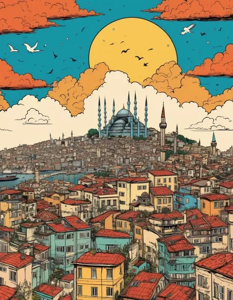 Chaotic stunning istanbul city, skyline, illustrated by hergé, style of tin tin comics, pen and ink. vintage 90's anime style, colorful clouds, symmetric