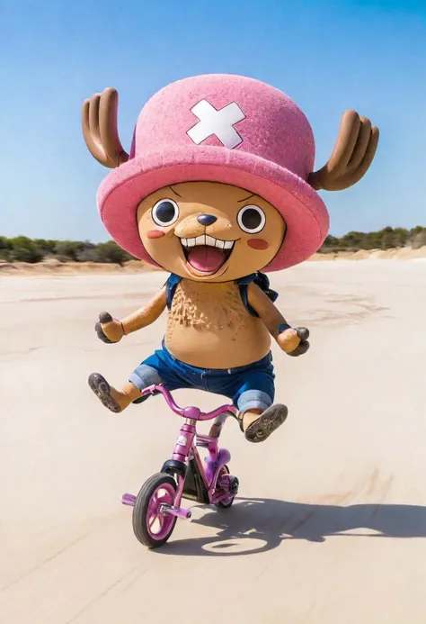 animal (Tony Tony Chopper:1.5) riding skate, sand explosion, action shot, sunlight, wide angle, 8k, F2.8, RAW Photo, ultra detailed, real life, perfect bike, Happy face