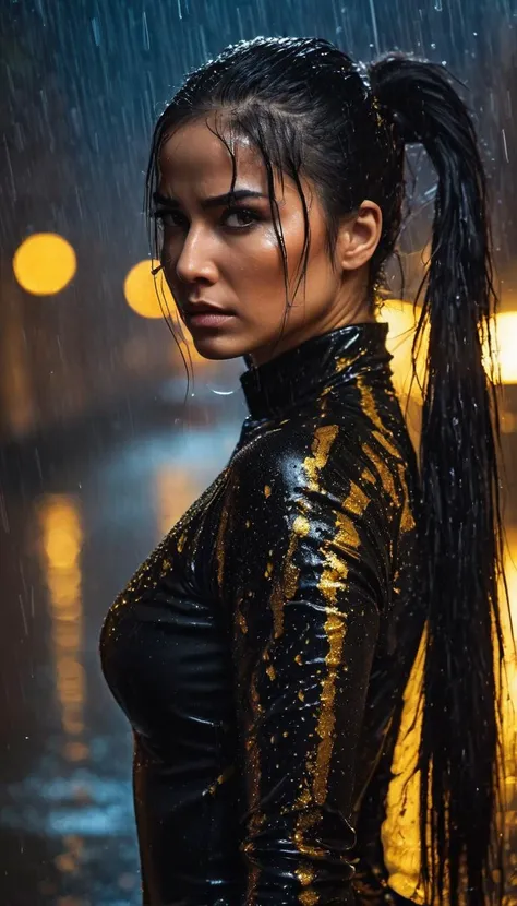 Up close photo of a dangerous assassin mysterious, serious expression, long black ponytail, tight bodysuit, night time rain, (luminous golden eyes:1.2), ((best quality)), intricate detailing, luminous back lighting, Cinematic, Filmic, medium shot, 4k, Front-light, Cinematic Lighting(night time:1.1), (rain:1.2), highly detailed skin, blood splatters, blood drops washing away in the rain, scars