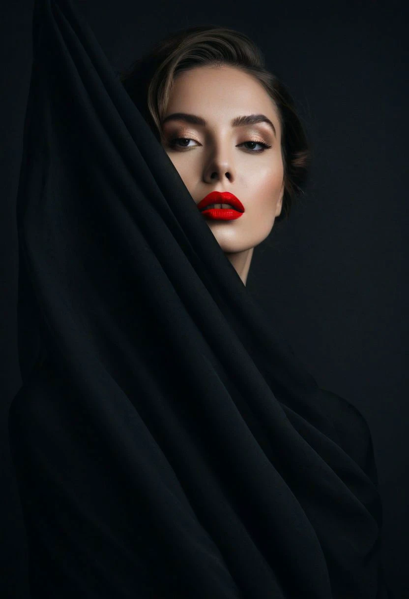 .In this masterpiece of photography, captured by a Fujifilm camera, a minimalist black background serves as the canvas for an exquisite portrait. The woman's face emerges, partially obscured by flowing fabric, creating an enigmatic and mysterious atmosphere. Sharp red lipstick accentuates her lips, adding a striking contrast against the dark tones of the composition. With ultra-realistic precision, every detail is rendered in insanely high resolution, making the image come alive in 8K HDR. The subtle gradient backdrop enhances the tranquil yet evocative aura, while the conceptual portraiture delves into the depths of perception. This stunning portrayal, enriched with a play on perception and visual metaphor, transports the viewer into a realm of surreal calm, where the beauty of minimalist abstraction meets the complexity of the human psyche.