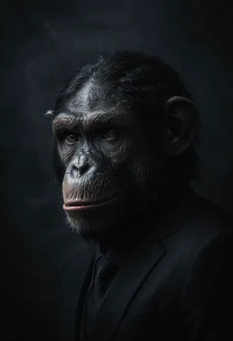 cinematic photo dark photo, extreme closeup portrait of a chimp wearing a black suit, facing the camera, shallow depth of field, vignette, highly detailed, moody, epic, gorgeous, film, atmospheric haze, dynamic lighting
