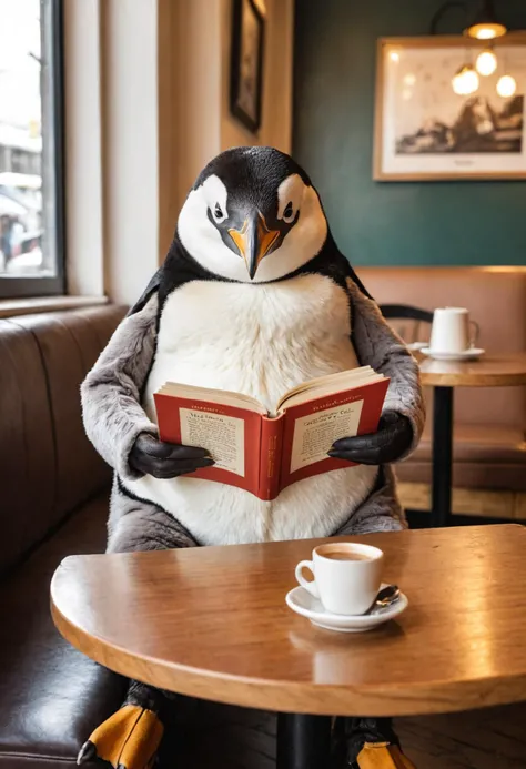 Cinematic photo of an anthropomorphic penguin sitting in a cafe reading a book and having a coffee.