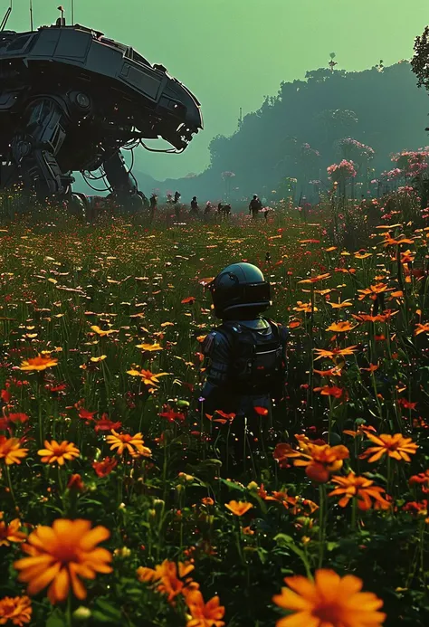 An idyllic countryside scene with children playing in a field of flowers, symbolizing the simple joys of life on Earth,
in the style of the eerie ambiance of Ridley Scott's 'Alien' with 80s sci-fi nostalgia. Blend dreamlike, claustrophobic spaces, grimdark Warhammer 40K magic, and campy yet sinister tones. Envision a surreal, dystopian world where arcane forces meet retro-futuristic sci-fi, creating a uniquely haunting tableau
, in the style of an old 80's VHS dark fantasy, VHS screen grab, grainy, old footage