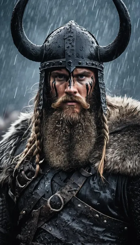 A close-up shot of a fierce Viking King, covered in dripping wet black mud, wearing a dark metal helmet with imposing black horns. His dark warpaint and scruffy black beard emphasize his angry expression, while a scar on his face tells a story of battles fought. The scene is bathed in cinematic lighting with dramatic volumetric rays, creating a moody and intense atmosphere. The Viking King grips his menacing Viking Axe