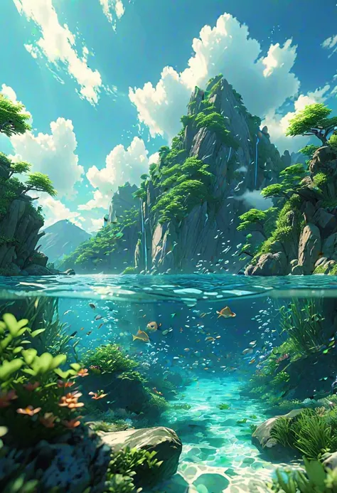 (ultra high res:1.4), (masterpiece), (beautiful lighting:1.4) , lush greenery and mountains, Bright sunlight illuminates the crystal-clear water, (deep underwater), anime, half above water and half below water , (clear underwater), beautiful sky with clouds, fish , depth