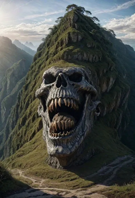 Surreal, a strange looking mountain with lots of strange chiseled rocks y mouth and chiselled teeth, uncanny, deep shadows, random noises,(landscape focus:1.1),
mayamaze, OverallDetail, island