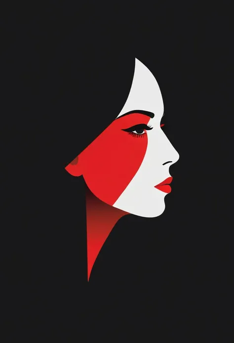 minimalist (stylized:1.2) vector art illustration, profile of a woman in a black and white and red color scheme, simplified shapes, flat colors, negative space to achieve the illusion of a face, reduced details, strong geometric shapes, black background, highly stylized graphic design