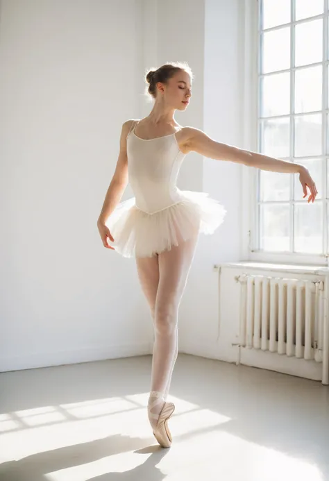ballet dancer, female, white tutu, ballet pose, dance, elegance, indoor, natural light, leotard, ballet shoes, gracefulness, young adult, serene expression, closed eyes, white room, sunlight, caucasian, standing, artistic, performance attire, solo performer