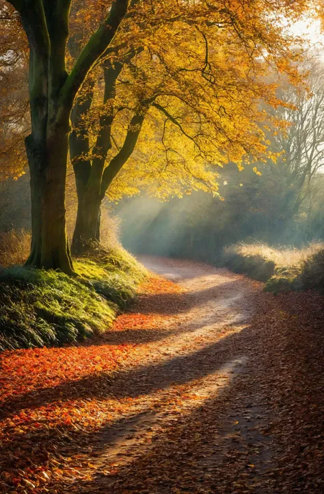 photograph, a path in the woods with leaves and the sun shining , by Julian Allen, dramatic autumn landscape, ears, park, take off, peace, rich cold moody colours, hi resolution, oaks