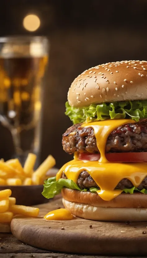 Photo of a burger with cheese from food photograph, food photography, photorealistic, ultra realistic, maximum detail, foreground focus, recipes.com, epicurious, instagram, 8k, volumetric light, cinematic, octane render, uplight, no blur, depth of field, dof, bokeh