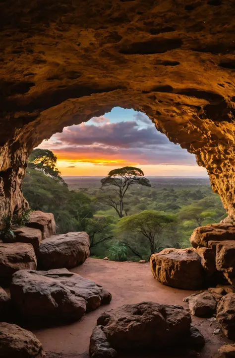 photograph, landscape of a Mythical Grotto from inside of a Harare, at Twilight, Depressing, Cloudpunk, Cold Lighting, dynamic, Nikon d850, Depth of field 270mm, Amaro, Golden ratio