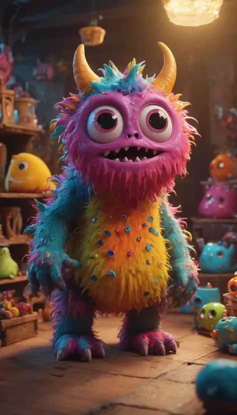 A cute monster, colorful, clutter, ultra detailed, mysterious, scary, perfect environment, cinematic lighting, product photography, unreal engine, 8K