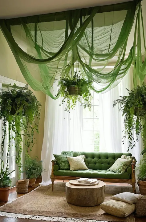 transform the living room into an enchanted forest by hanging sheer, green fabric from the ceiling to create a canopy effect, adding potted plants and trees, and using earthy tones and natural materials for the furniture and decor.