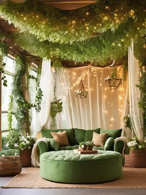 transform the living room into an enchanted forest by hanging sheer, green fabric from the ceiling to create a canopy effect, adding potted plants and trees, and using earthy tones and natural materials for the furniture and decor.