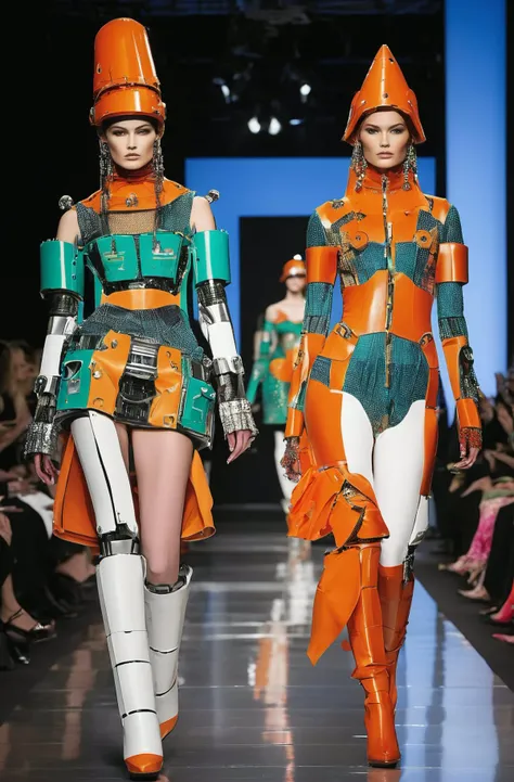 robots modeling clothing on the runway at a fashion show. The models are wearing this season's hottest trends, haute couture from a variety of designers and designs in vibrant colors