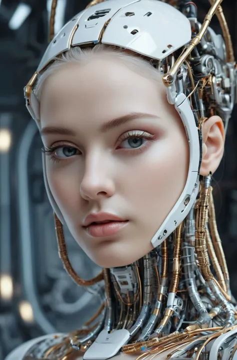 complex 3d render ultra detailed of a beautiful porcelain profile woman android face, cyborg, robotic parts, 150 mm, beautiful studio soft light, rim light, vibrant details, luxurious cyberpunk, lace, hyperrealistic, anatomical, facial muscles, cable electric wires, microchip, elegant, beautiful background, octane render, H. R. Giger style, 8k, best quality, masterpiece, illustration, an extremely delicate and beautiful, extremely detailed ,CG ,unity ,wallpaper, (realistic, photo-realistic:1.37),Amazing, finely detail, masterpiece,best quality,official art, extremely detailed CG unity 8k wallpaper, absurdres, incredibly absurdres, robot, silver halmet, full body, sitting