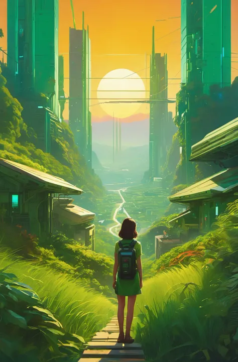 a cinematic composition depicting : we're overlooking a cyberpunk civilization in the valley with overgrown buildings, where a solarpunk tribe is peacefully collaborating with their android helpers with their bright green computer screens, octane render, hyperrealistic, at sunrise, by edward hopper jesper ejsing, by rhads, makoto shinkai and lois van baarle, ilya kuvshinov, rossdraws