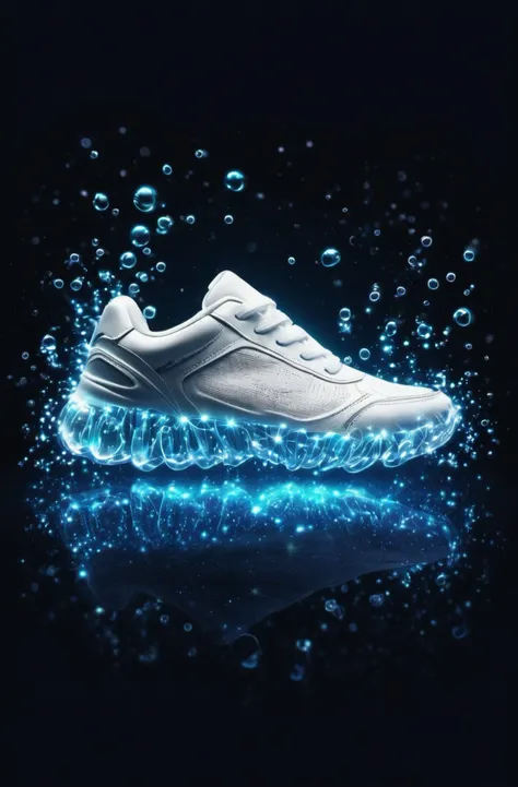 sneakers, bioluminescent, bright luminescence white light, made out of light beams, bubbles, particles, sparkles, glitch
