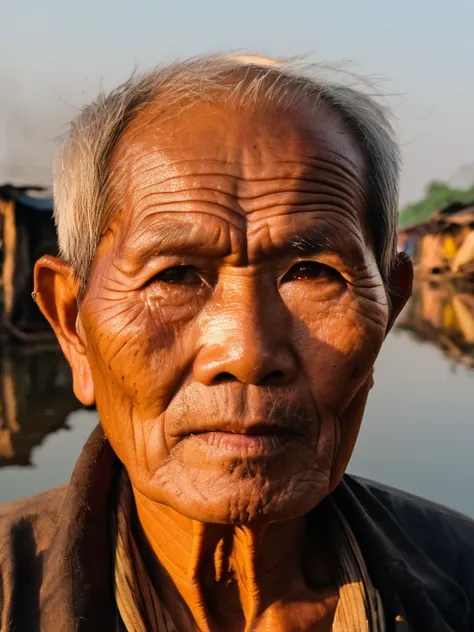 A close-up of a Vietnamese old man's face, illuminated by the light of a fire, with a backdrop of a dirty river and a shanty town.