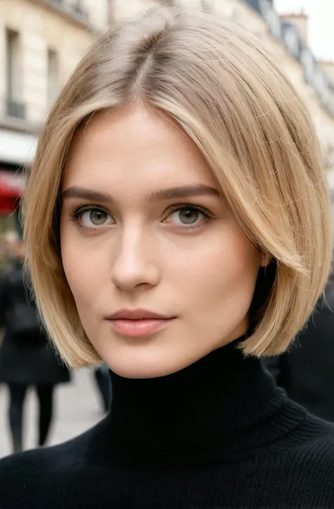 Beautiful fashion models, blonde, clear eyes, black turtleneck sweater, face view, bob haircut, portrait close up, paris street background, black and white film, photography quality, high detail, high quality.