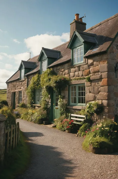a beautiful cottage, scotland coastal village, (sharp focus:1.2), extremely detailed, (photorealistic:1.4), (RAW image, 8k high resolution:1.2), RAW candid cinema, 16mm, color graded Portra 400 film, ultra realistic, cinematic film still, subsurface scattering, ray tracing, (volumetric lighting)