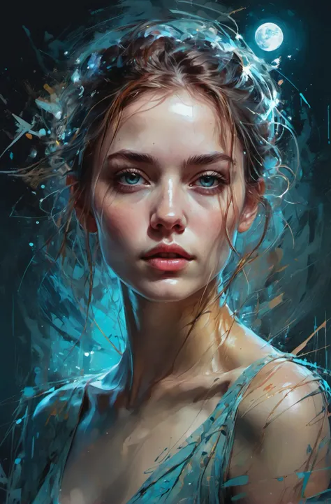 abstract beauty, centered, looking at the camera, approaching perfection, dynamic, moonlight, highly detailed, digital painting, artstation, concept art, smooth, sharp focus, illustration, art by Carne Griffiths and Wadim Kashin