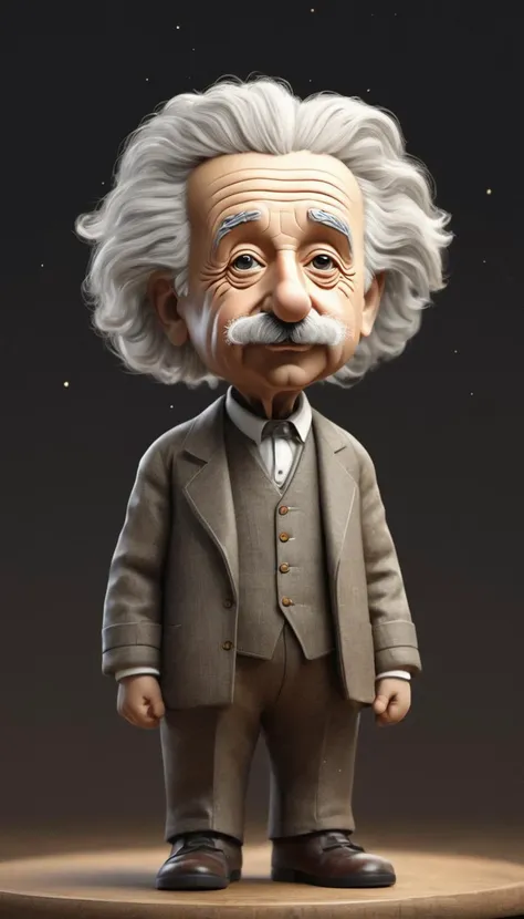 Character portrait of Albert Einstein, standing on stage, side profile, caricature, chibi, kawaii,3d rendering, octane rendering, volumetric light, victorian fashion, metallic, highly-detailed symmetric face, detailed eyes, ultra sharp, highest quality, art by Anja Millen and George Cruikshank and Bordalo II, smooth, sharp focus, trending on artforum, behance hd, kids story book style, muted colors, watercolor style